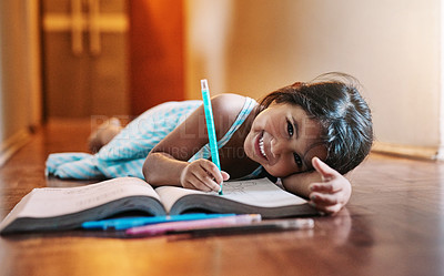 Buy stock photo Portrait, happy kid and girl drawing for homework with learning, development and studying for art skills in home. Playing, female child and toddler writing on book for creativity, growth or education