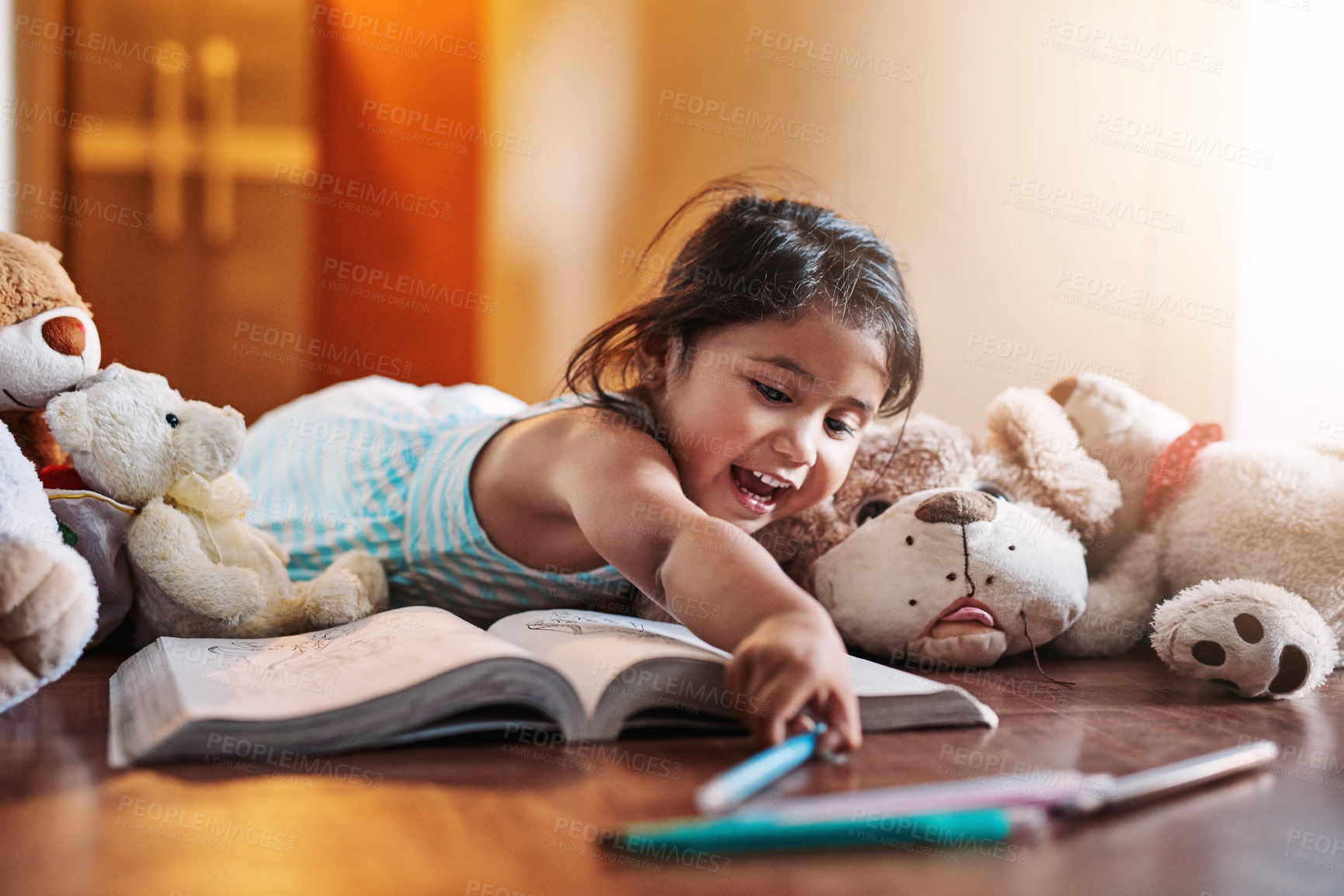 Buy stock photo Playing, happy kid and girl drawing for homework with learning, development and studying for art skills in home. Excited, playful child and toddler writing on book for creativity, growth or education