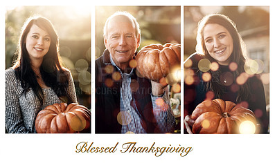 Buy stock photo Composite shot of three people holding a pumpkin wishing you a happy Thanksgiving