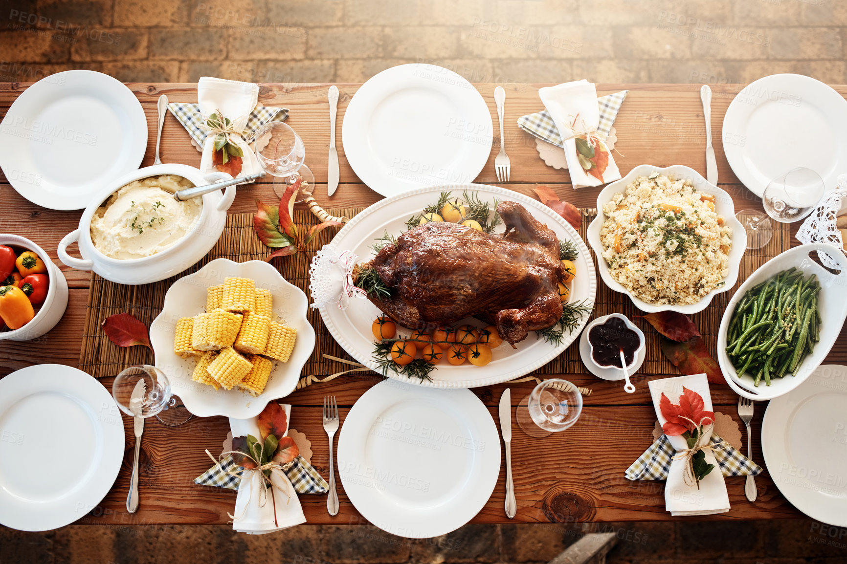 Buy stock photo Thanksgiving, food or above of turkey table for gratitude, diet and grace holiday lunch in home. Roast, background and festive celebration for dining meal with color, plate or feast for tradition