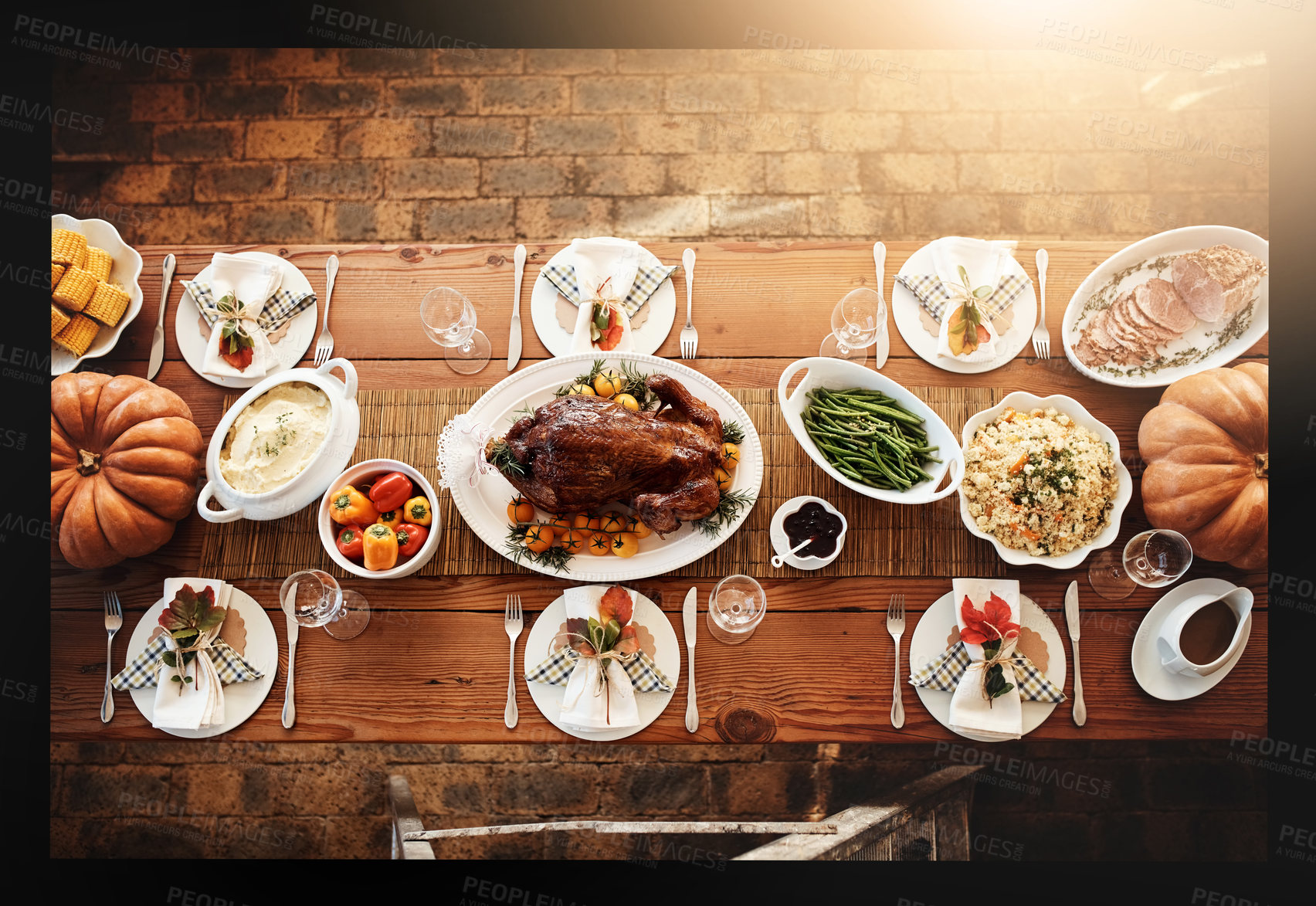 Buy stock photo Thanksgiving, food or top view of turkey on outdoor table for gratitude, diet and grace holiday lunch in home. Background, tradition and festive celebration for dining meal with color, plate or feast