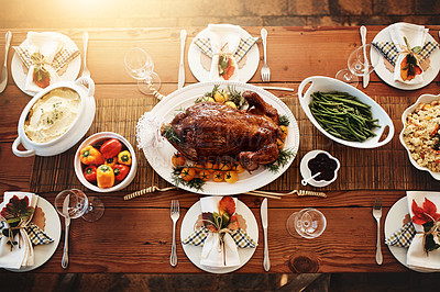 Buy stock photo Thanksgiving, lunch or top view of turkey table for gratitude, diet and grace holiday meal in home. Roast, background and festive celebration for dining feast with color, plate or food for tradition