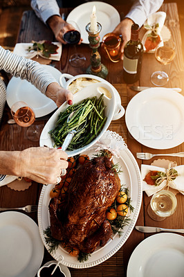 Buy stock photo Food, table and hands of family eating healthy beans and chicken or turkey together for holiday celebration. Above people or friends serving vegetables for lunch or dinner with drinks at a house