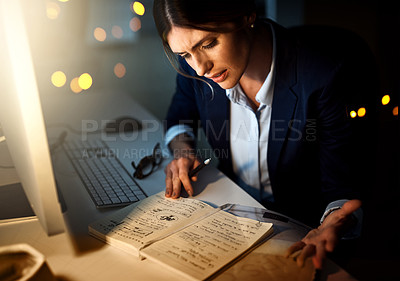 Buy stock photo Night, notes or businesswoman reading research or paperwork overtime working on growth strategy. Late, lens flare or focused employee brainstorming ideas for project deadline on internet in office