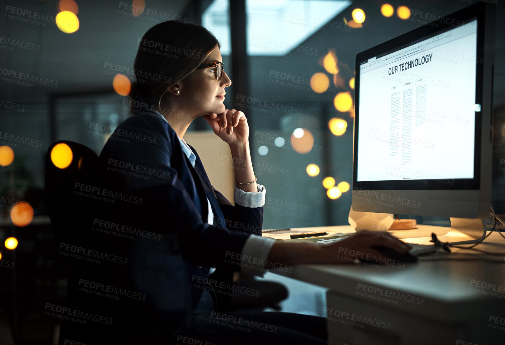 Buy stock photo Night, computer screen or business woman reading research on network overtime on digital technology strategy. Late, lens flare or focused employee online for company deadline on internet in office