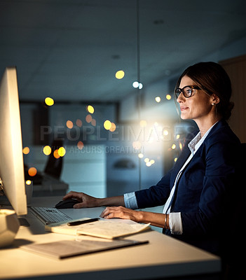 Buy stock photo Businesswoman, desktop and focus at night or employee in the office or reading emails on bokeh. Corporate, dark and female manager or contemplate or research on pc in the evening and at workplace 