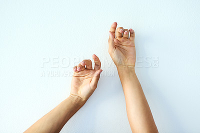 Buy stock photo Beauty, hands and space with person in studio on white background for natural peace or wellness. Arms, relax or skincare and model satisfied with cosmetic care or dermatology treatment closeup