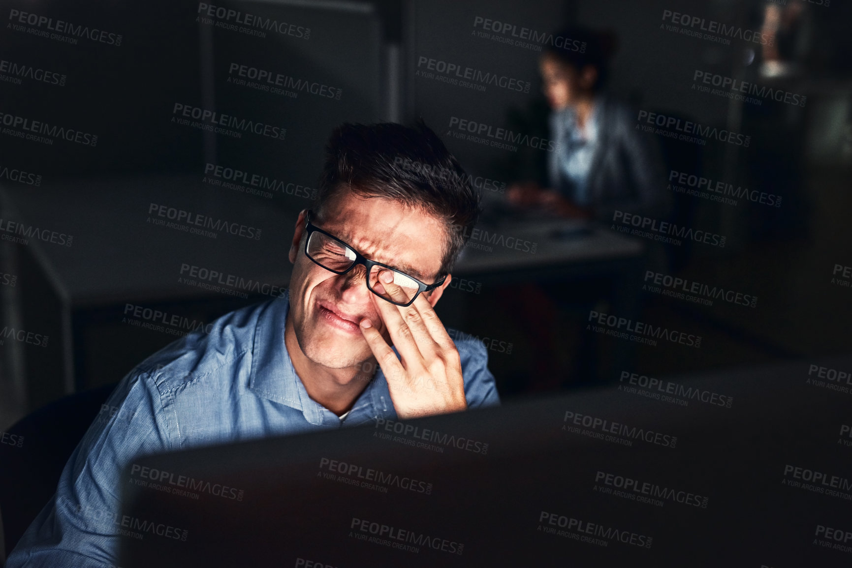 Buy stock photo Man, tired and business or night office, working late and exhausted for company deadline. Mental health, crisis and overworked for audit preparation, corporate and dark workplace for online advisors
