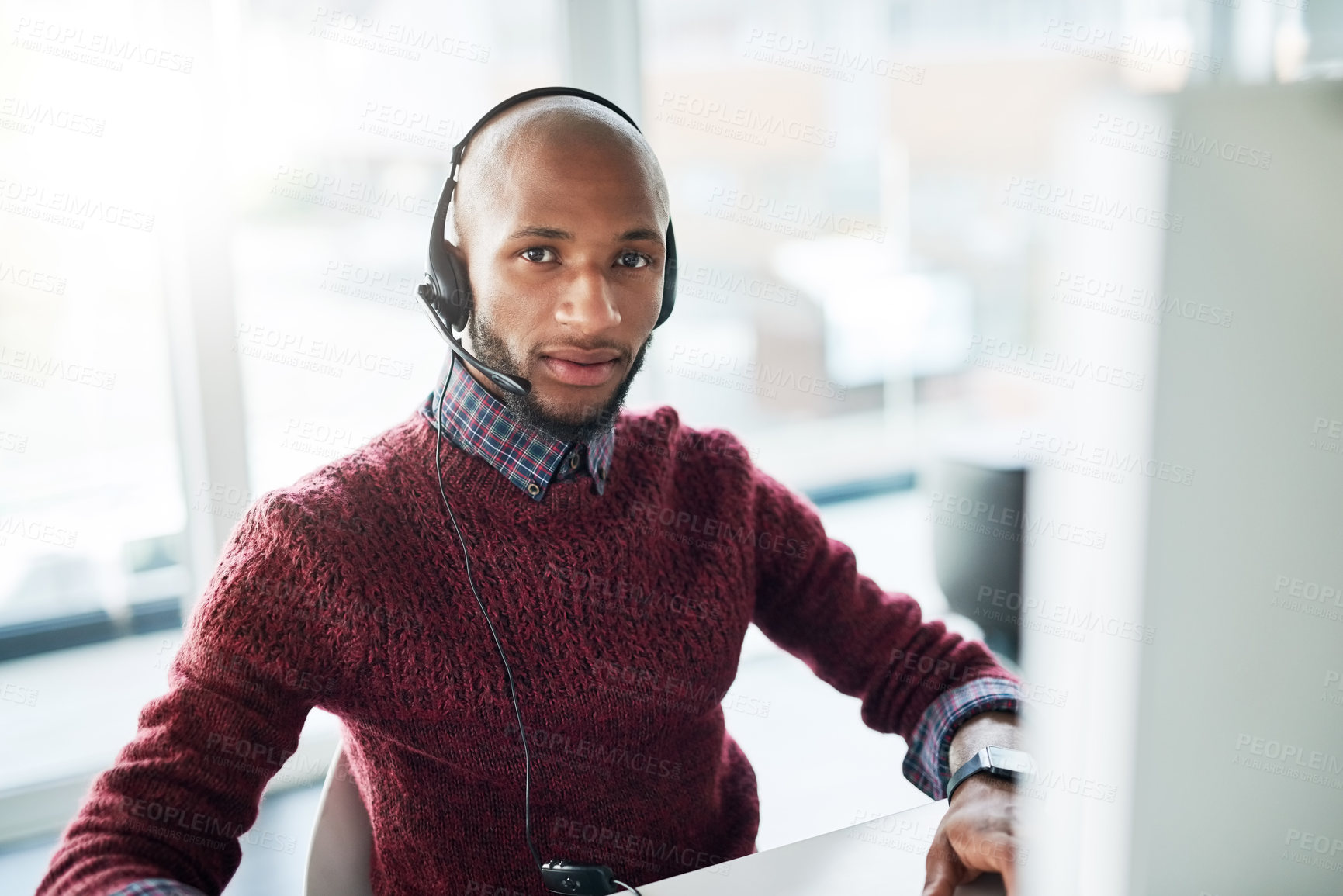 Buy stock photo African, virtual assistant or portrait of man in call centre, telecom or tech support for customer care. Consultant, telemarketing or face of confident inbound agent with advice, help and headset