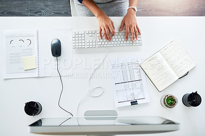 Buy stock photo Typing, hands and person in office, computer and research of target audience, online and planning in business. Paperwork, editing and copywriting for project, notebook and notes for ideas and above