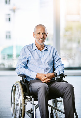 Buy stock photo Hospital, healthcare and portrait of a man with a disability and ready to start rehabilitation. Disabled, health insurance and a senior patient with a smile at a clinic for nursing and recovery care