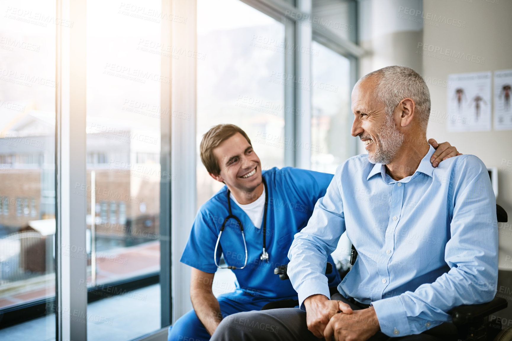 Buy stock photo Senior, man and nurse with patient in office, care and together for wellness consultation with medical employee. Support, healthcare and medicine help with smiling or happy people, clinic and trust