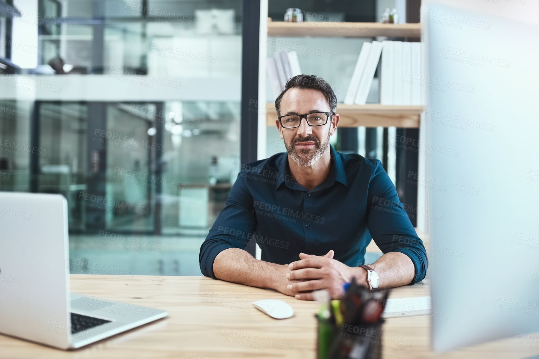 Buy stock photo Mature, businessman and glasses in office with portrait for justice, technology for work on legal job. Male attorney, laptop and law firm with court case on climate mobility, advocate for change