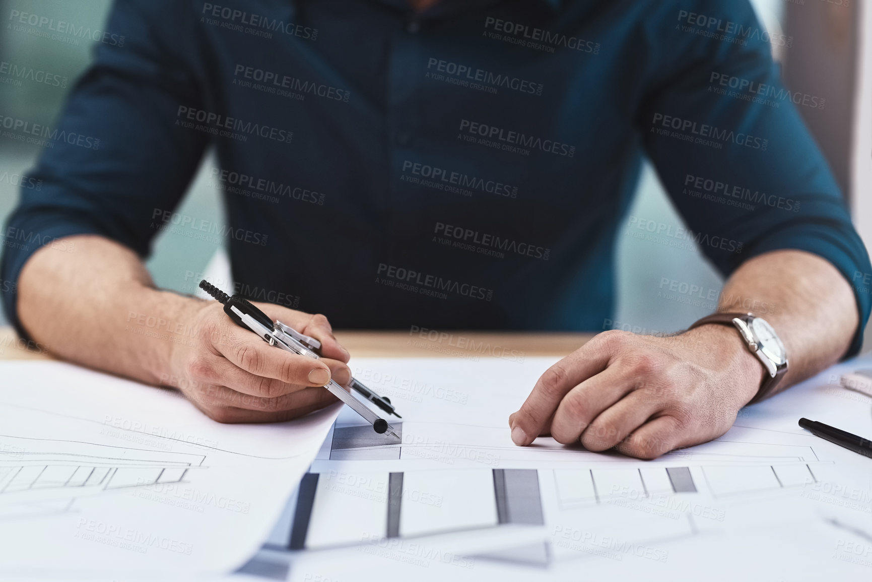 Buy stock photo Architecture, hands and blueprint on table for drawing, sketch and construction plan design. Architect, creativity and divider to measure distance, scale layout and accuracy with contractor in office