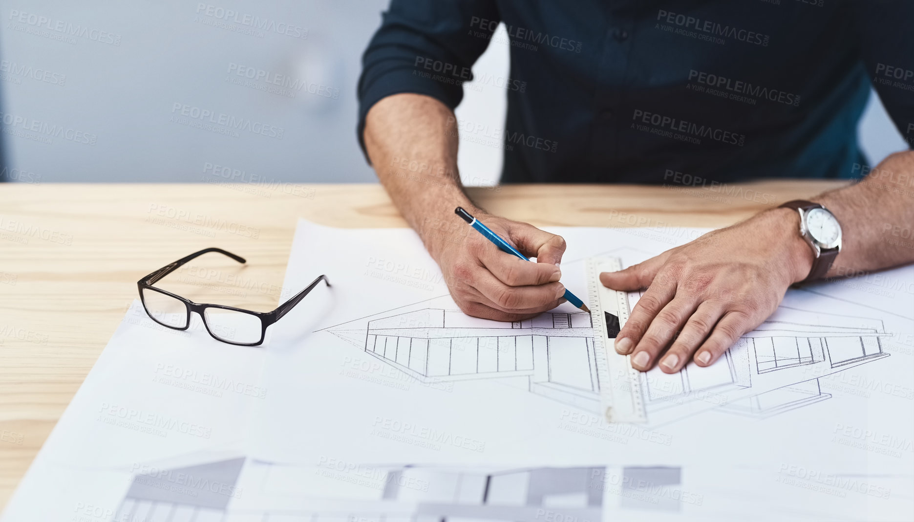 Buy stock photo Person, hands and drawing architecture blueprint or creative design or engineering, brainstorming or project planning. Desk, floor plan and building renovation or development process, ruler or sketch