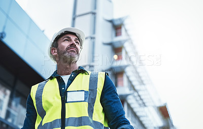 Buy stock photo Engineering, building and vision with man in city for planning, designer or industry. Architecture, project management or infrastructure with male contractor on construction site for inspection