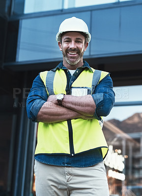 Buy stock photo Arms crossed, building and architecture with portrait of man in city for planning, designer or industry. Engineering, project management or infrastructure with male contractor on construction site