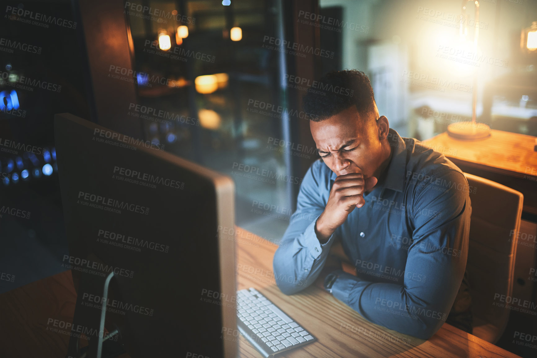 Buy stock photo Businessman, tired and yawn in office at night, computer glitch and bored or overtime fatigue. Male person, exhausted professional and desktop for mental health burnout, low energy and sleepy at desk