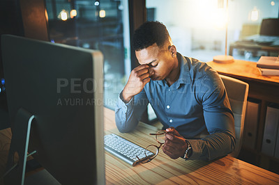 Buy stock photo Office, anxiety and businessman with headache at night for investment, mistake and financial problem. Stock broker, frustrated and glasses with stress by computer for overtrading, crypto and bad news