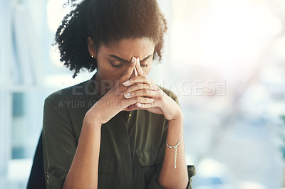 Buy stock photo Headache, stress and business woman in office with problem, mistake and working on deadline. Burnout, anxiety and African female worker with frustrated, stressed out and migraine thinking of solution