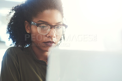 Buy stock photo Business woman, laptop and iot with online research, internet and content creation for website. Ux developer, planning and tech with startup employee and digital job of professional with glasses