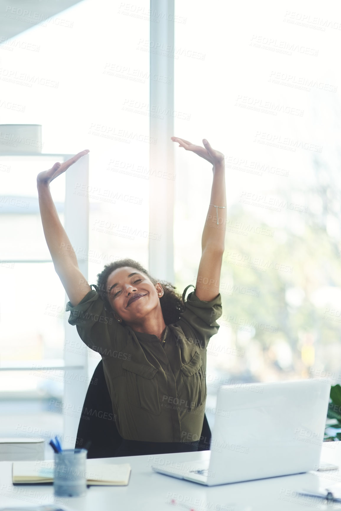 Buy stock photo Happy woman, relax and stretching with computer at office for morning, awake or ready for work. Calm female person, accountant or employee with smile for good start, break or completion at workplace