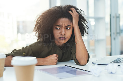 Buy stock photo Burnout, stress and tired business woman in office with workload, pressure and working on deadline. Corporate, anxiety and African female worker overwhelmed, lazy and low energy with fail at desk