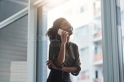 Buy stock photo Phone call, laugh and business black woman in office for online conversation, funny joke and talking. Corporate consultant, window and worker on smartphone for communication, b2b networking and chat