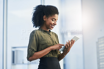 Buy stock photo Tablet, professional and business black woman in office for planning, networking and email communication. Morning, consultant and person on digital tech for project, research and website in workplace
