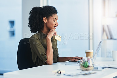 Buy stock photo Happy woman, business and laptop with credit card for online shopping, payment or purchase at office. Female person, shopper or employee with debit for banking or transaction on computer at workplace