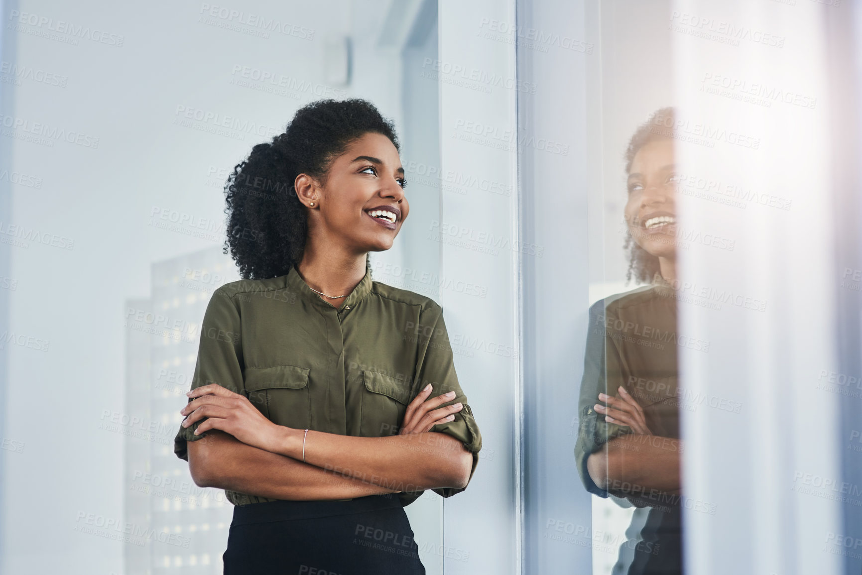 Buy stock photo Window, business and black woman with arms crossed, thinking and ideas with startup, decision and problem solving. African person, happy consultant and entrepreneur in modern office, view or solution