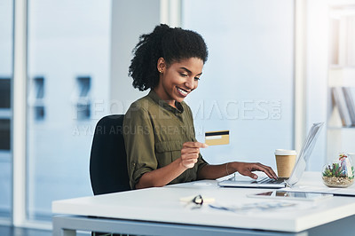Buy stock photo Happy woman, business and laptop with credit card for ecommerce, payment or purchase at office. Female person, shopper or employee with debit for banking or online shopping on computer at workplace