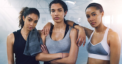 Buy stock photo Girl, friends and portrait in gym for fitness on break with sweat, confidence and empowerment for health. People, women and group in wellness club with solidarity for workout, exercise or training