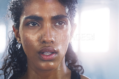 Buy stock photo Sweating, woman breathing and face taking a break from fitness, exercise and workout. Gym, Indian female person and tired face of an athlete after sports and wellness club training for health