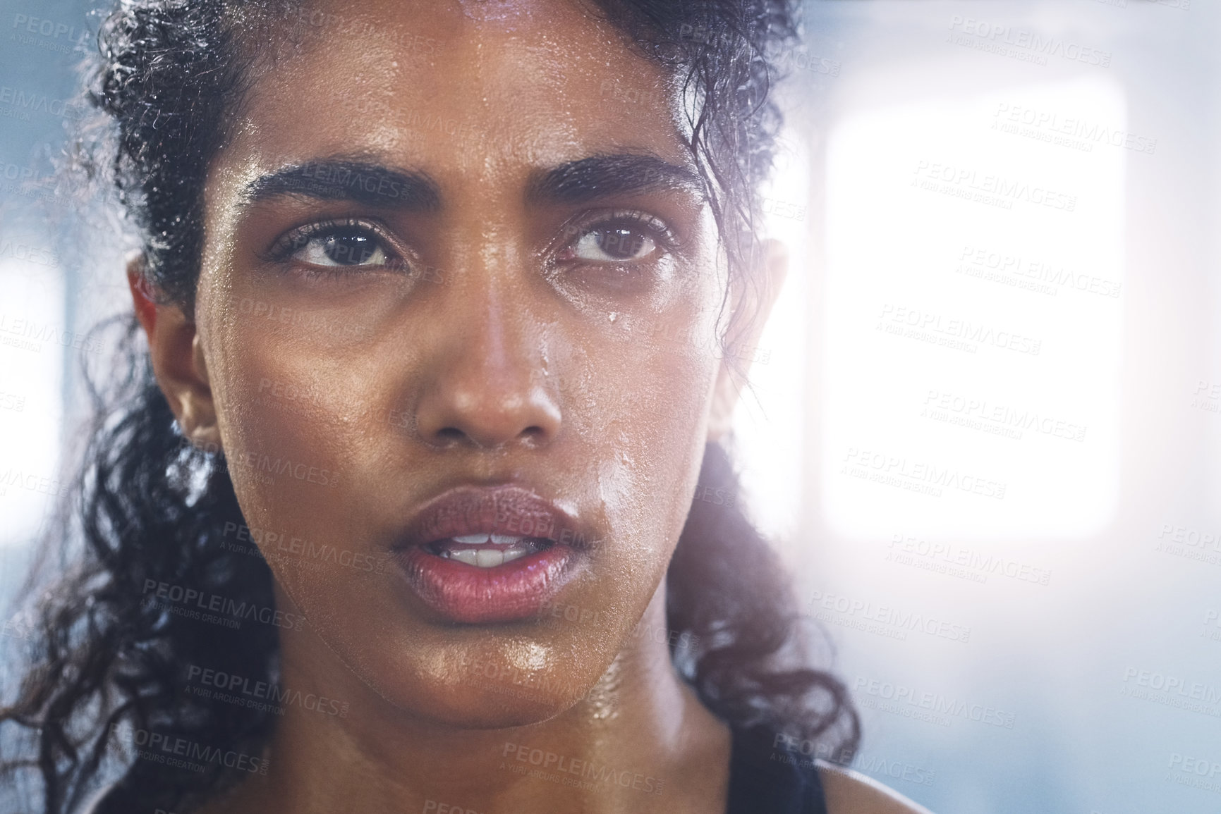 Buy stock photo Sweating, woman breathing and face taking a break from fitness, exercise and workout. Gym, Indian female person and tired face of an athlete after sports and wellness club training for health