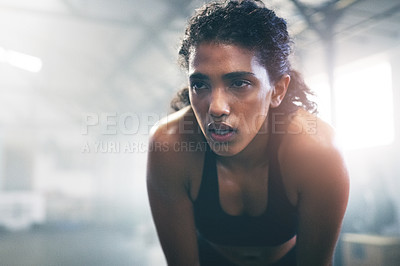 Buy stock photo Sweat, fitness and woman in gym breathe for intense training, exercise and bodybuilder workout. Sports, athlete and person rest, relax and tired for wellness, health and performance in morning