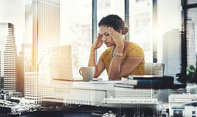 Buy stock photo Stress, laptop and business woman at desk for fatigue, headache or project deadline in office. City overlay, lens flare and employee for exhausted, burnout or 404 error at architecture agency