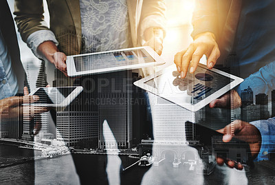 Buy stock photo Cropped shot of unrecognizable businesspeople using their wireless devices in the office