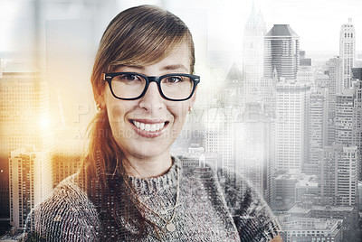 Buy stock photo Portrait of a cheerful young businesswoman standing inside the office with her arms folded at work during the day