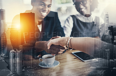 Buy stock photo Shaking hands, agreement and business people with city overlay for b2b deal with partnership. Smile, welcome and financial advisors with handshake for client with greeting, thank you or investment.