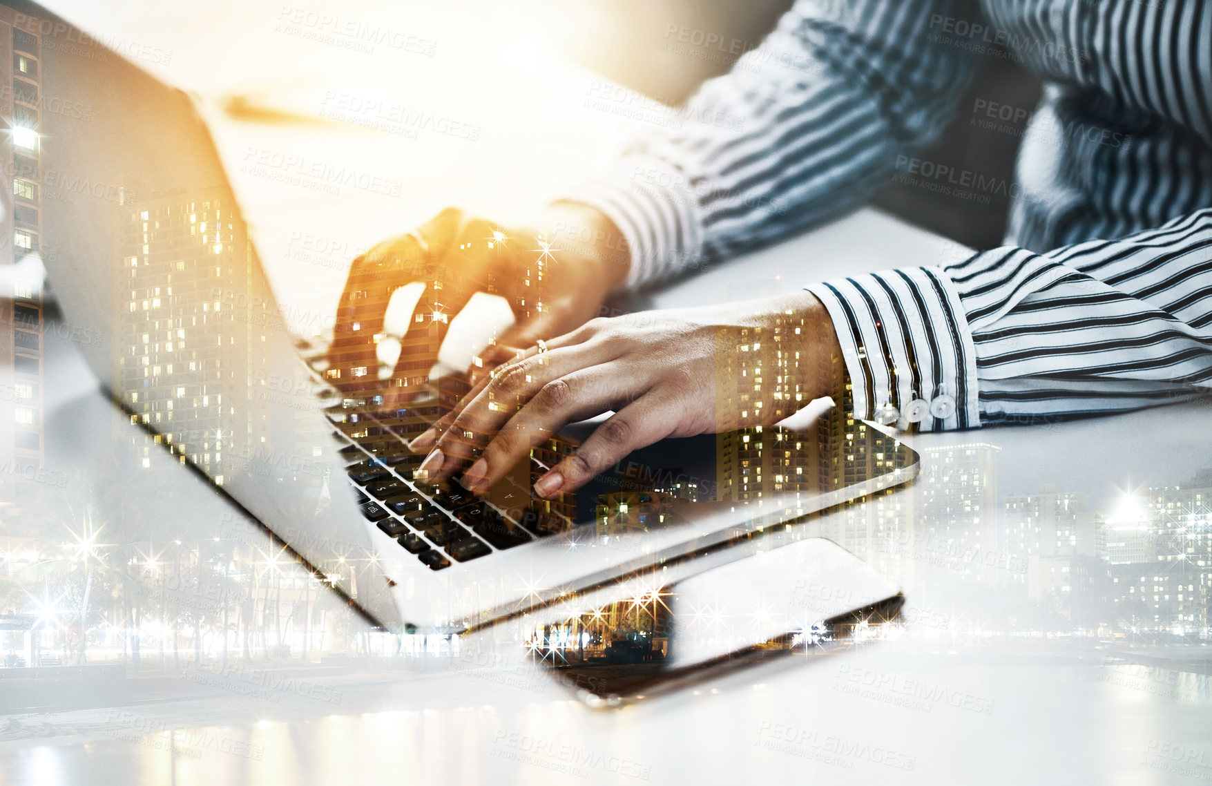 Buy stock photo Businesswoman, hands and laptop in office with overlay, browsing website and research for real estate. Flare, person and typing in workplace with city double exposure, computer and property listing.