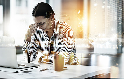 Buy stock photo Headache, laptop and business woman at desk for fatigue, stress or project deadline in office. City overlay, lens flare and employee for crisis, burnout or productivity problem at architecture agency