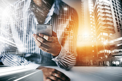 Buy stock photo Closeup shot of an unrecognizable businesswoman using a cellphone in an office