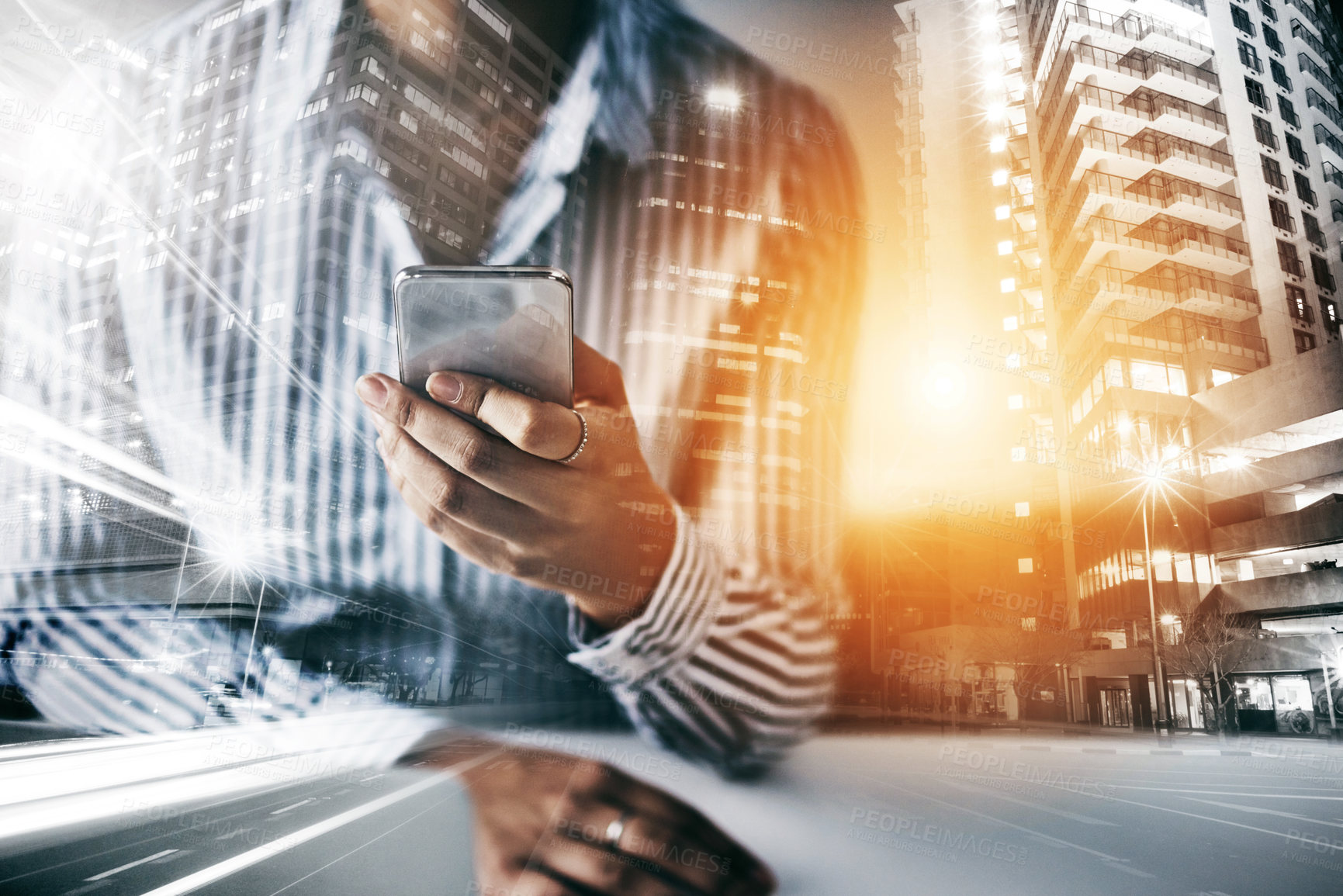 Buy stock photo Closeup shot of an unrecognizable businesswoman using a cellphone in an office