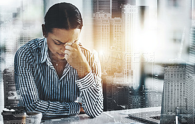 Buy stock photo Headache, pain and business woman at desk for fatigue, stress or project deadline in office. City overlay, lens flare and employee for crisis, burnout or productivity problem at architecture agency