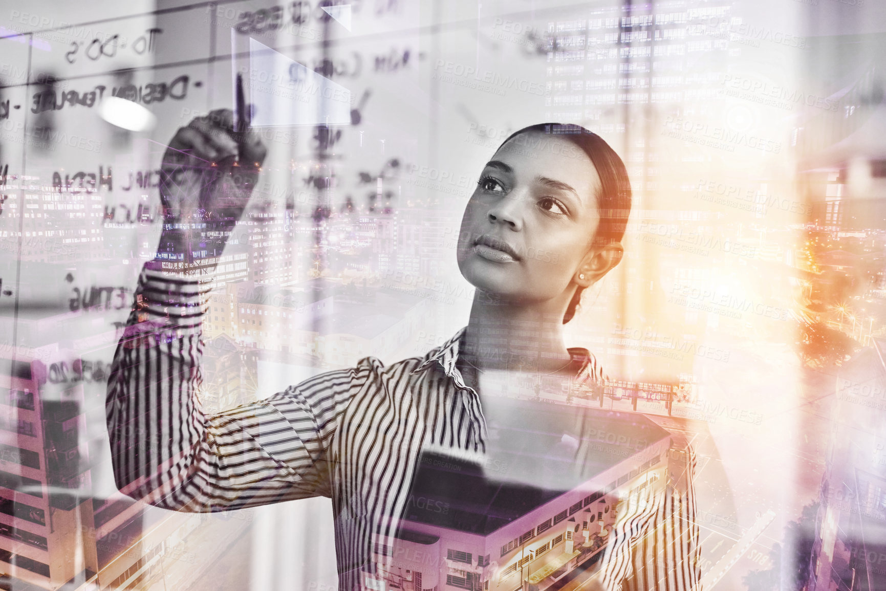 Buy stock photo Glass wall, overlay or woman with tablet, writing or planning for investment deal, flare and research notes. Double exposure, financial advisor or person with tech, brainstorming and digital app