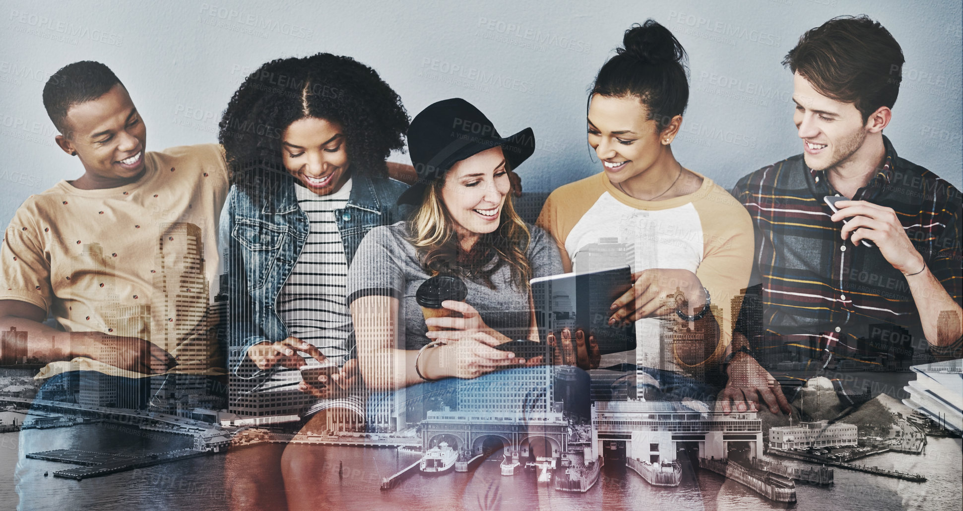 Buy stock photo Studio shot of young people sitting on a sofa and using wireless technology against a gray background