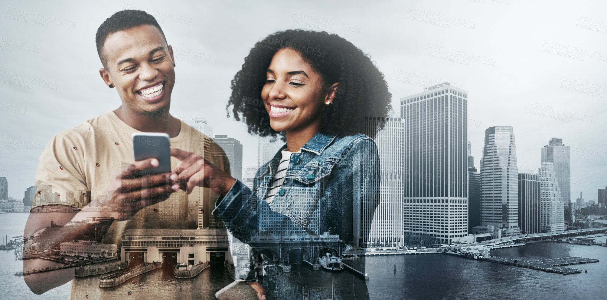 Buy stock photo Overlay, smartphone and couple with internet, city and digital app for social media. Double exposure, black man or woman with cellphone, online reading or message to contact, network or communication