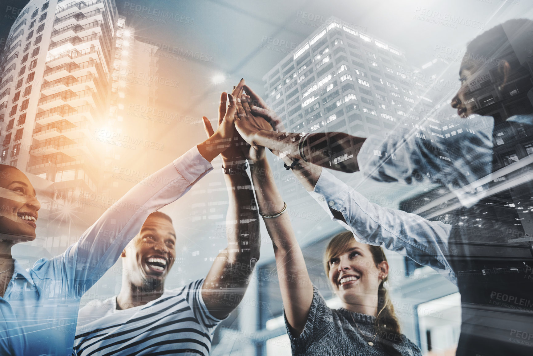 Buy stock photo Closeup shot of a group of businesspeople high fiving each other in an office