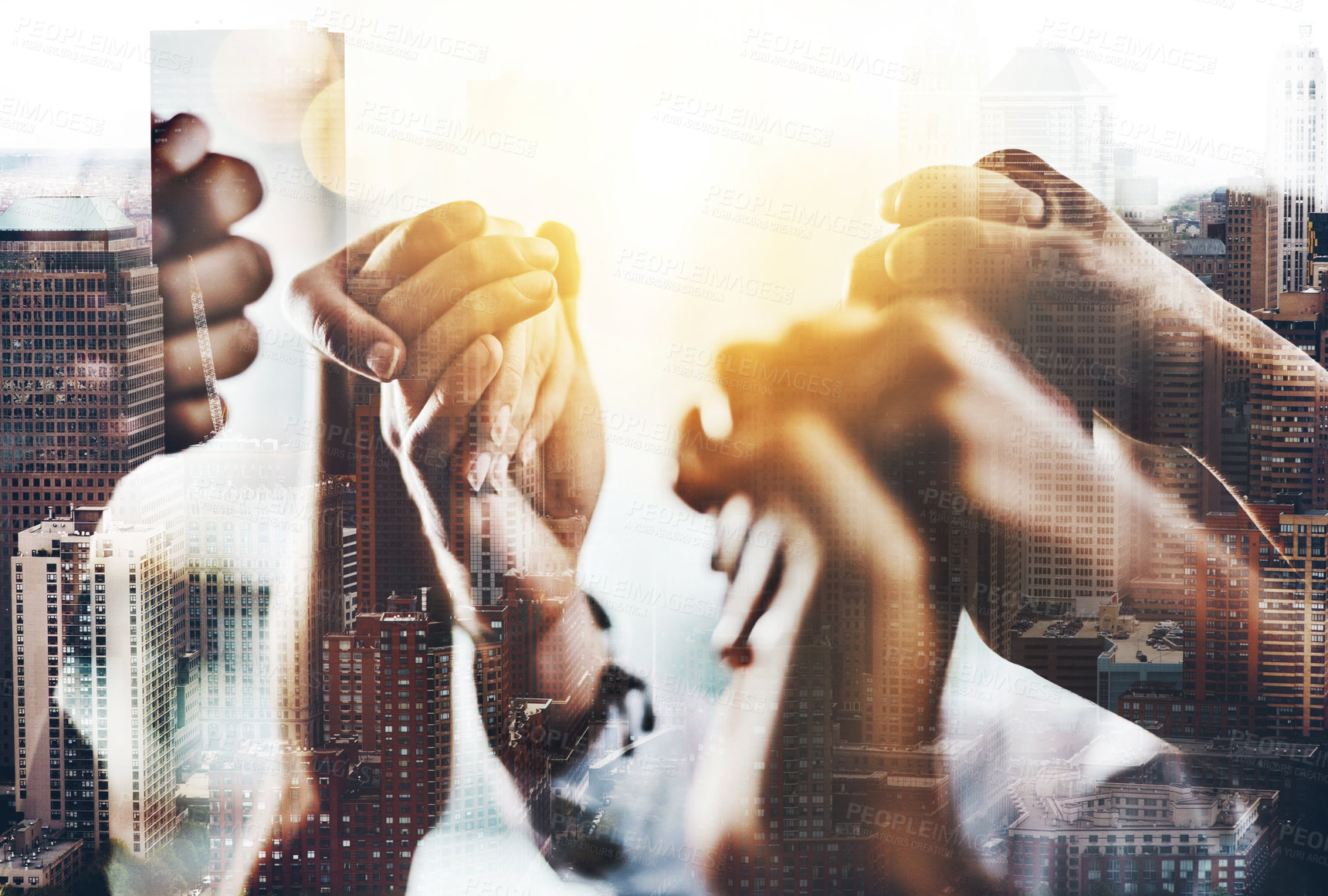 Buy stock photo Closeup shot of a group of businesspeople holding hands together in solidarity